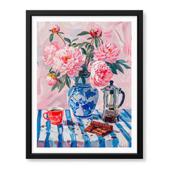 Beautiful Pink Flowers With Coffee On The Table | Abstract Floral Artwork #00551