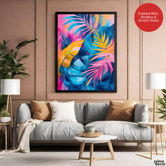 Blue & Gold Colorful Exotic Leaves | Abstract Floral Artwork #00559