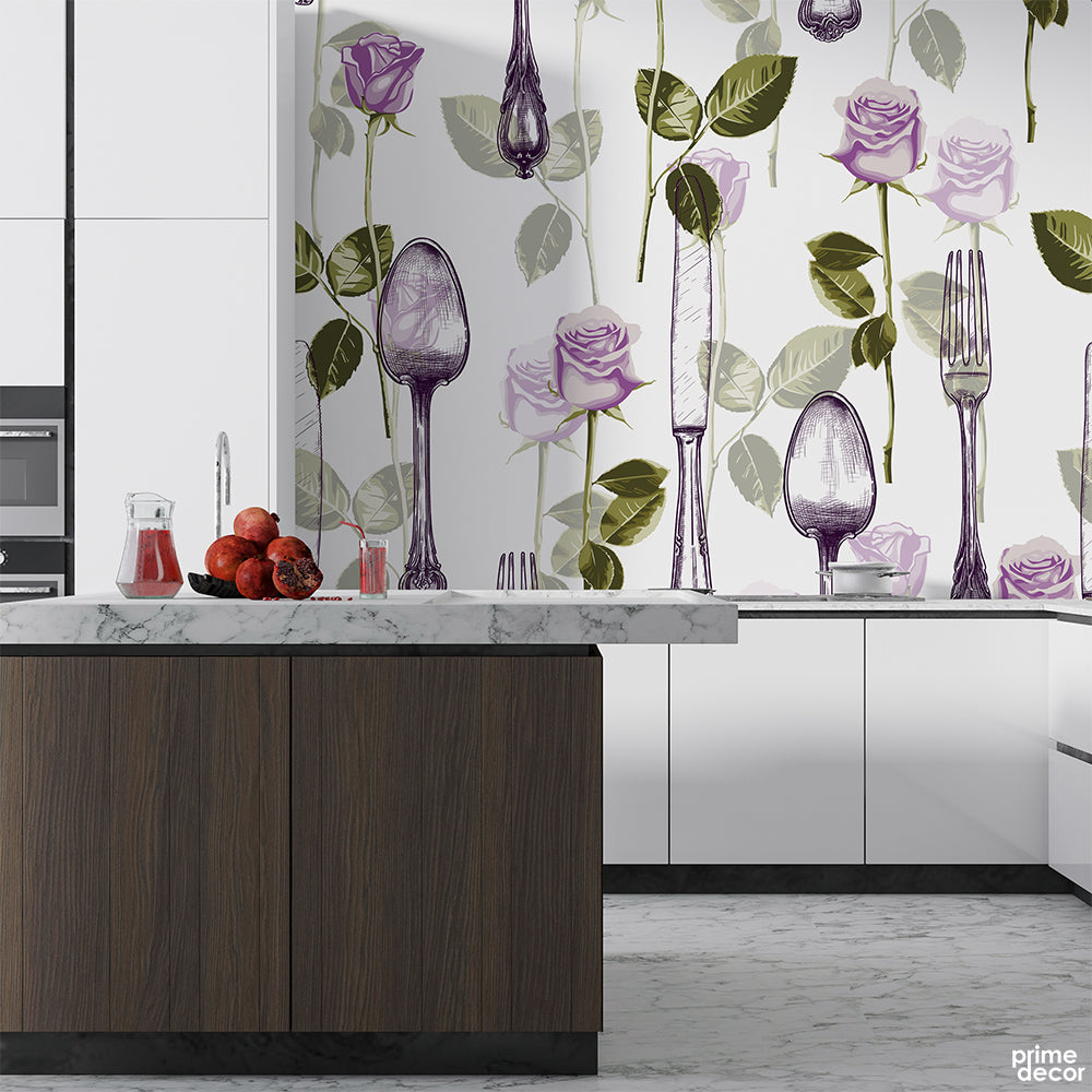 Roses & Spoons Purple Watercolor Style | Kitchen Wallpaper Mural - Prime Décor