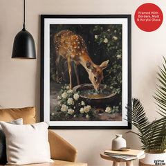 Beautiful Deer Drinking Water With White Flowers | Abstract Animal Artwork #00562