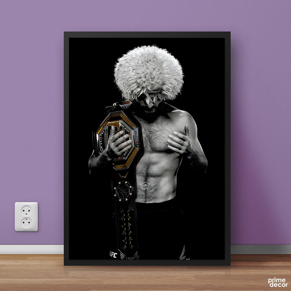 B&W Khabib Nurmagomedov With Winning Belt | Sports Poster Wall Art - Prime Décor