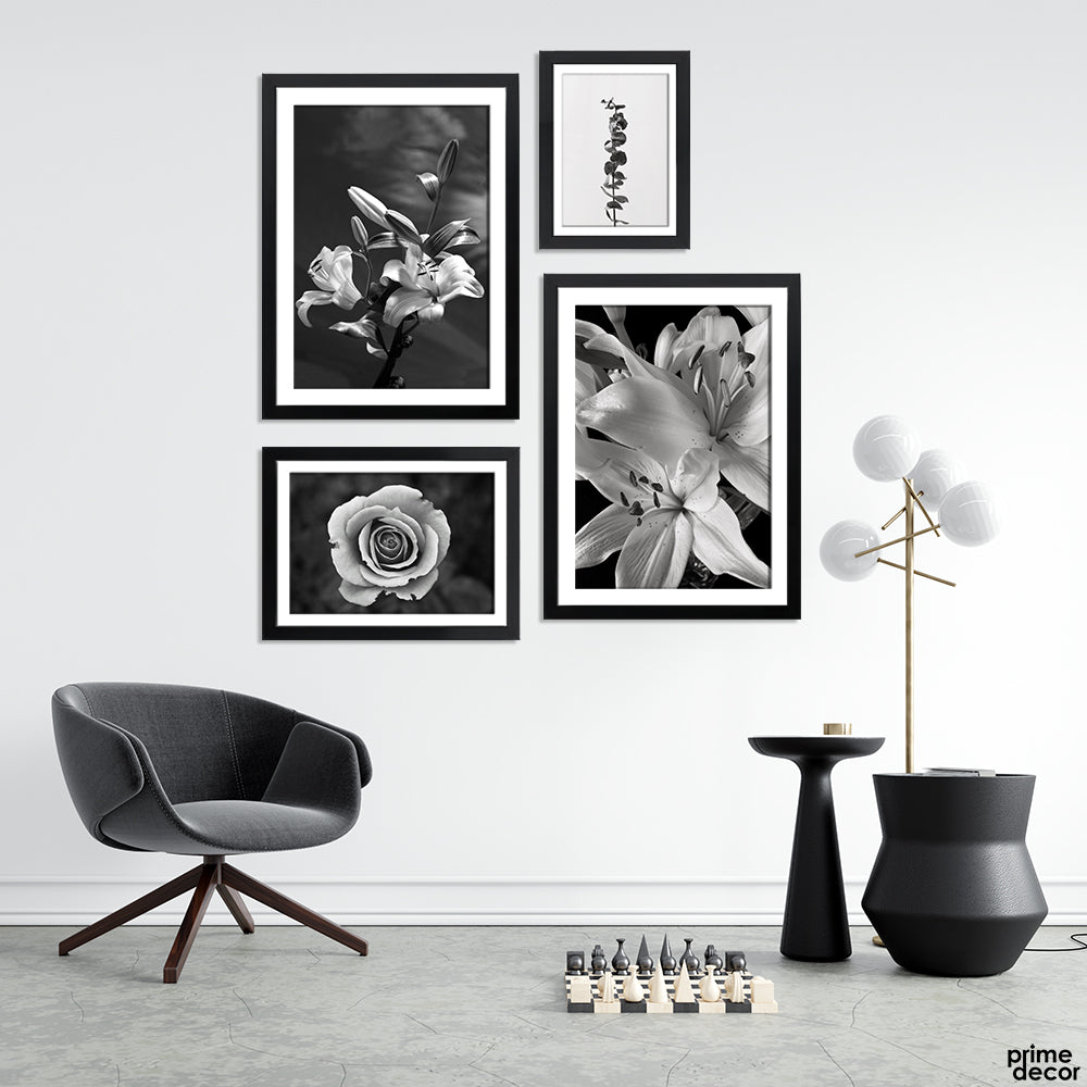 Daylilies & Rose Grayscale B&W Luxury (4 Panel) Floral Wall Art - Prime Décor