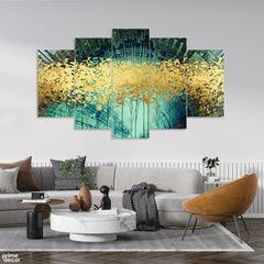 Abstract Gold Foil Artwork Over Green Background (5 Panel) | Abstract Wall Art