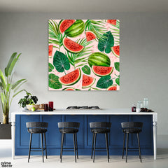 Watermelon With Green Leaves Over Pink Background (Single Panel) Square Wall Art