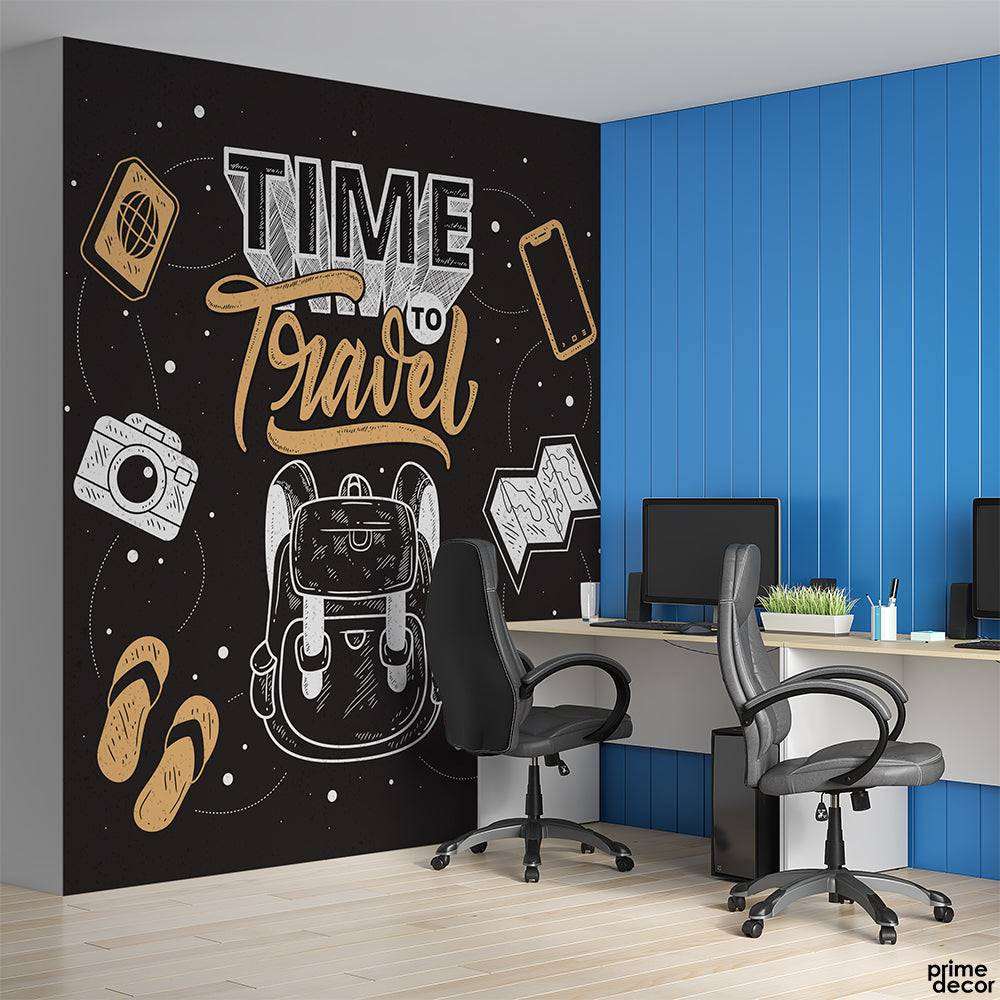 Backpack Time To Travel Grayscale | Travel Wallpaper Mural - Prime Décor