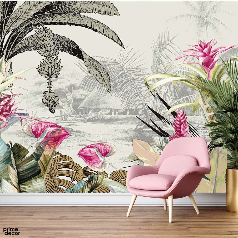 Abstract Colorful Floral Artwork Over Black & White Background | Floral Wallpaper Mural