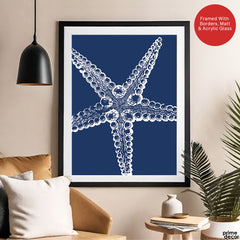 Beautiful White Starfish Design Over Blue Background | Abstract Fashion Artwork #00579