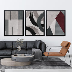 Crimson, Slate & Grey Linear Geometric Strokes (3 Panel) Abstract Wall Art