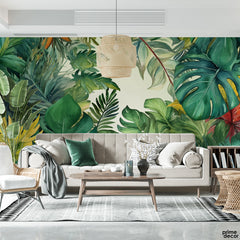Pine Green Watercolor Exotic Tropical Leaves | Floral Wallpaper Mural - Prime Décor