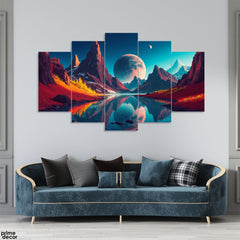 Abstract Artwork Of A Moon Behind The Mountains (5 Panel) Nature Wall Art