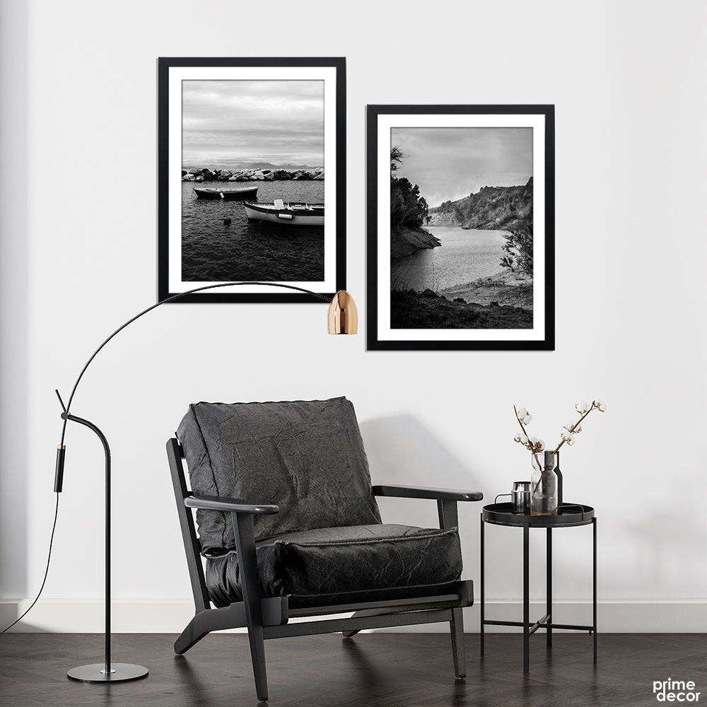 Abstract Boat In Lake (B&W) | (2 Panel) Nature Wall Art - Prime Décor