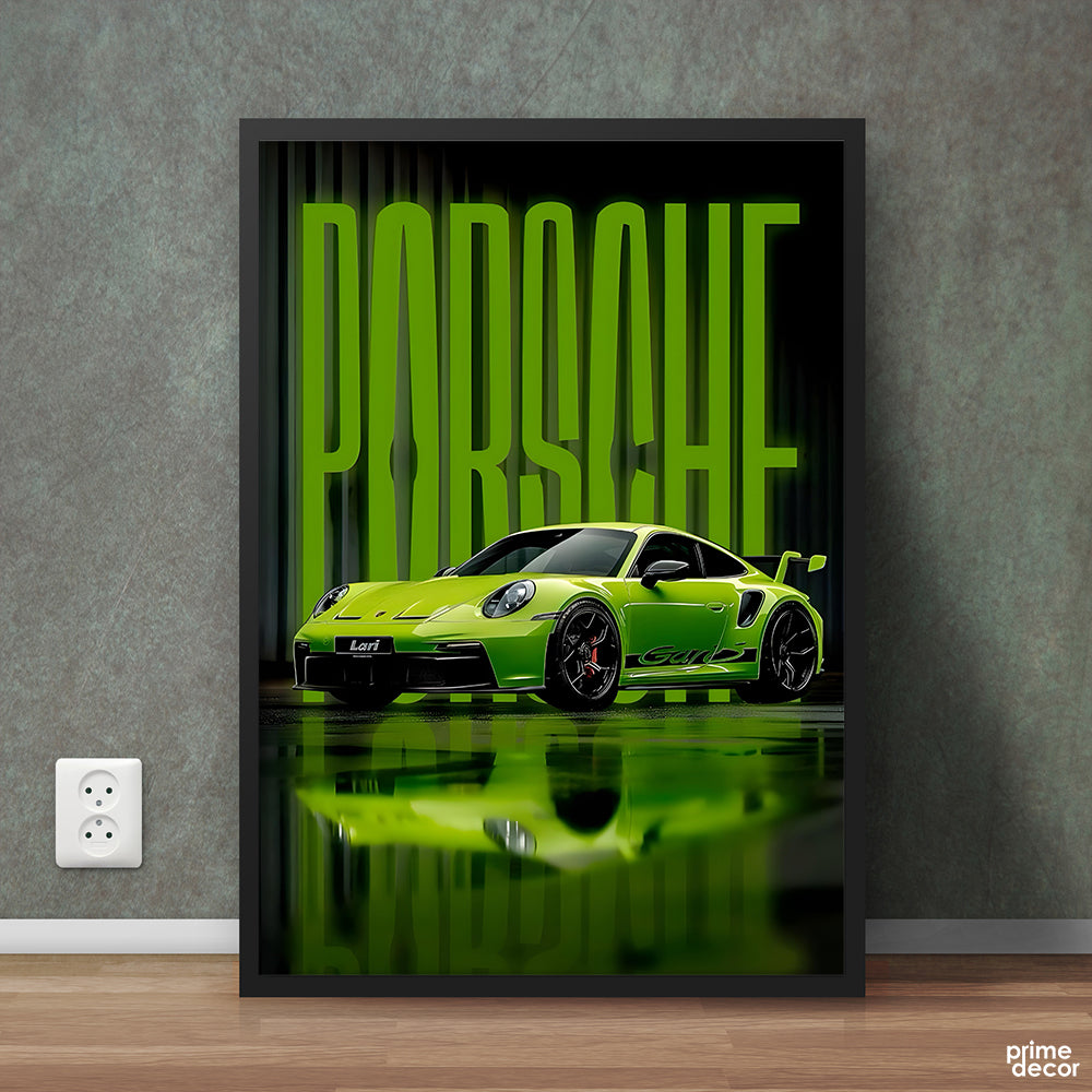 Green Porsche 911 GT3 With Typography | Cars Wall Art - Prime Décor