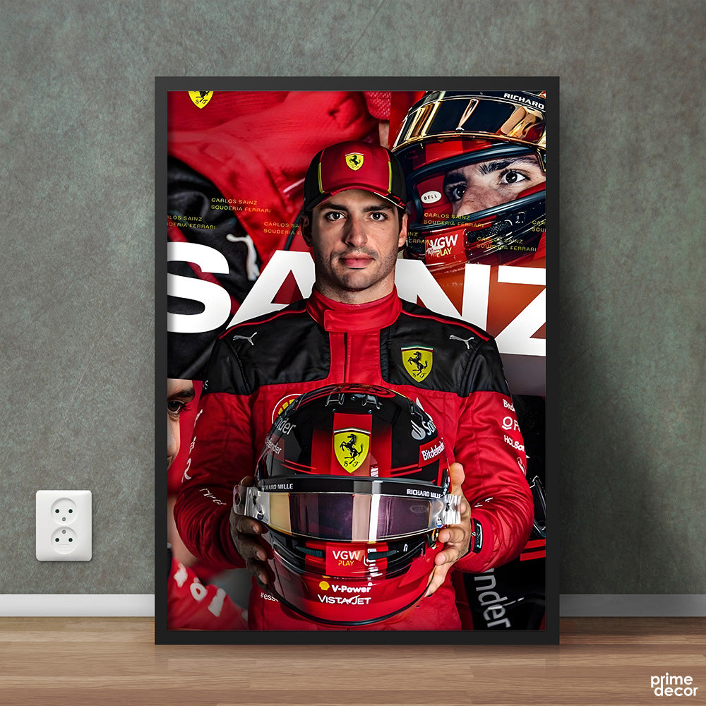 Carlo Sainz Holding Ferrari Helmet | Cars Wall Art - Prime Décor