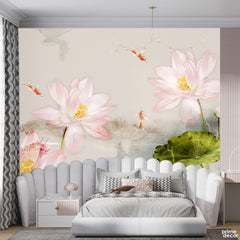 Beautiful Pink Flowers With Green Leaves Over Grey Background | Floral Wallpaper Mural