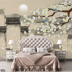 Beautiful White Flowers Over Aesthetic Japanese Background | Floral Wallpaper Mural