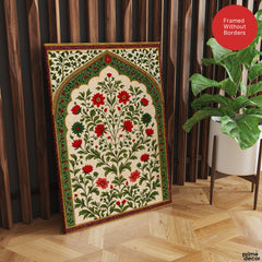 Mughal Era Red & Green Floral Artwork | Abstract Historical Artwork #00590
