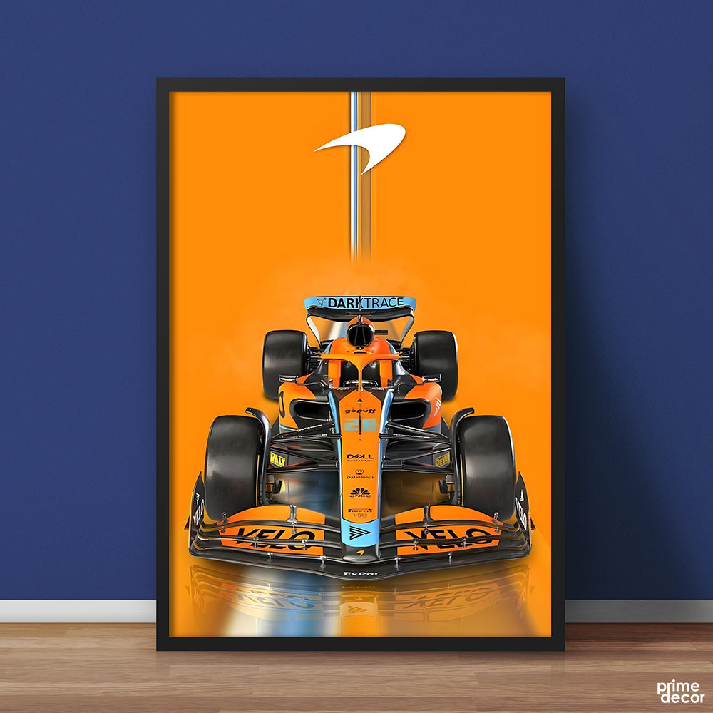 McLaren Formula 1 Velo Branding With Orange Background | Cars Wall Art - Prime Décor