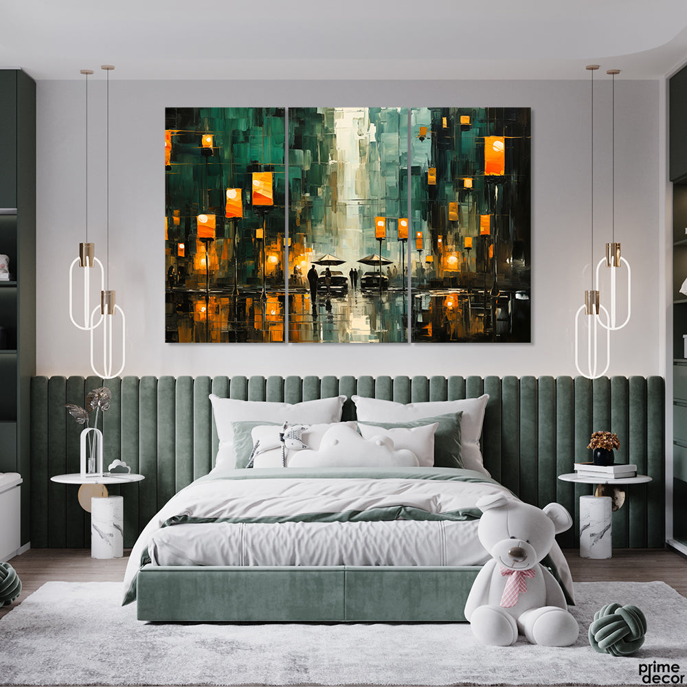 Green Rainy Night With Lanterns Flying Knife Paint Style (3 Panel) Digital Wall Art - Prime Décor