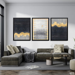 Midnight Smoke & Filigree Gold Accent (3 Panel) Abstract Wall Art