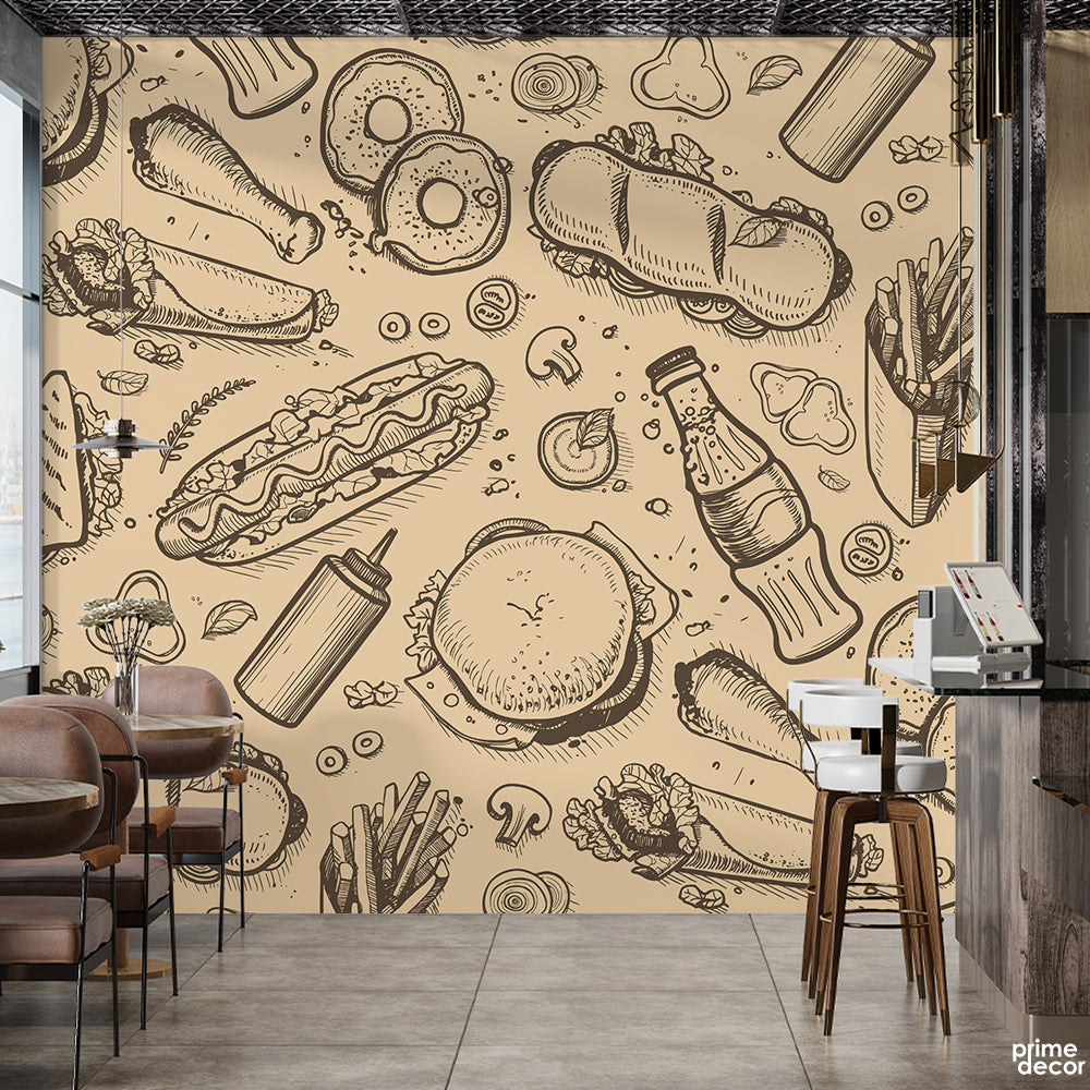 Black & Beige Fast Food Hand Drawn Style Print | Food Wallpaper Mural - Prime Décor