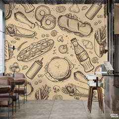 Black & Beige Fast Food Hand Drawn Style Print | Food Wallpaper Mural - Prime Décor