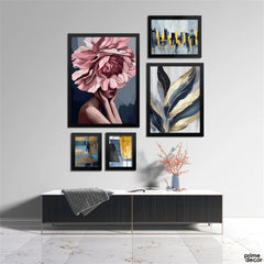 Navy & Gold Floral Abstract Brush Strokes (5 Panel) Abstract Wall Art