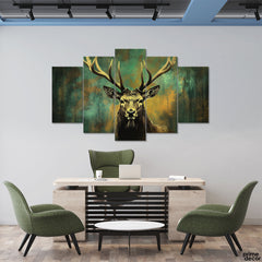 Golden Stag With Green Grunge Background (5 Panel) Animal Wall Art - Prime Décor