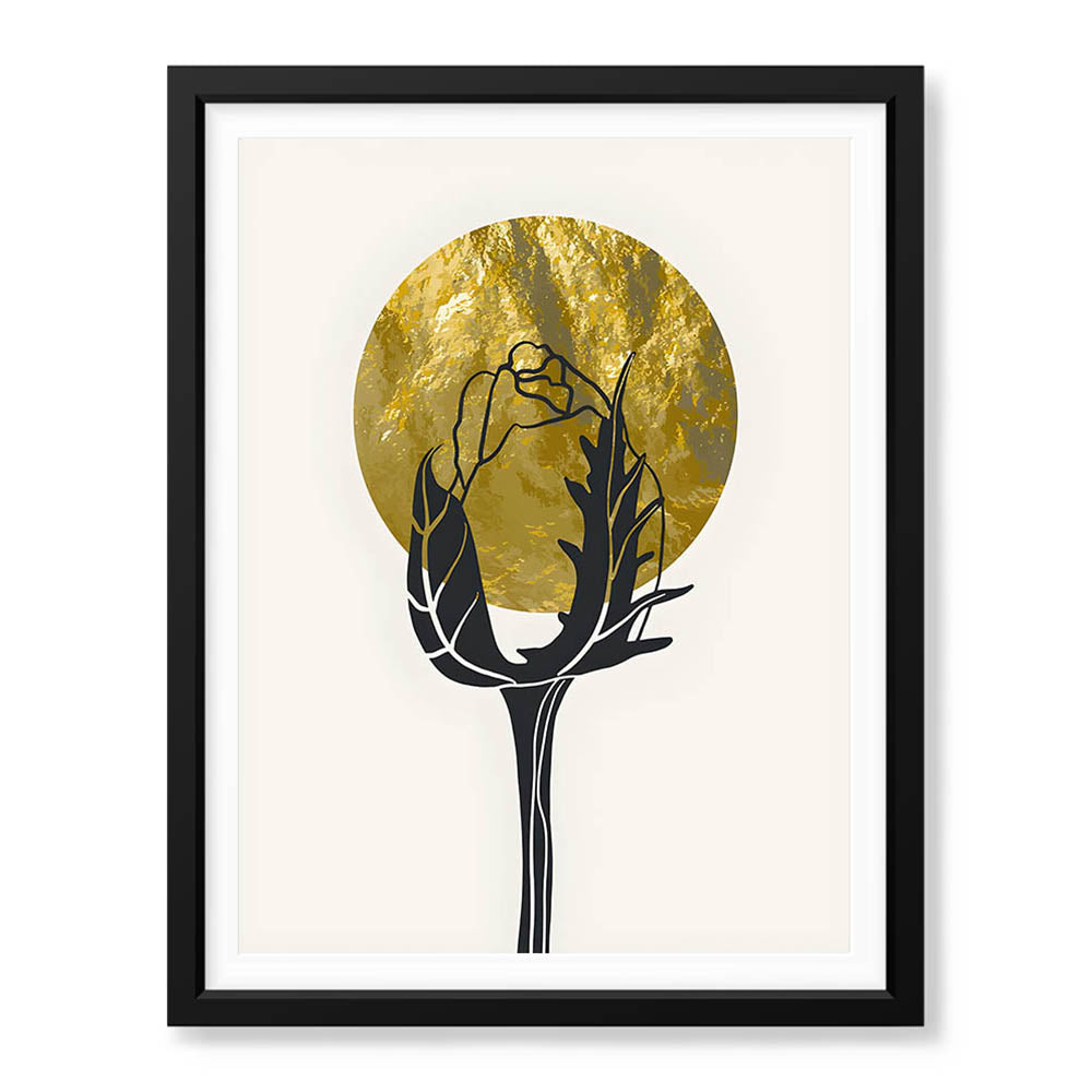 Black Rose Over Golden Moon Design | Abstract Floral Artwork #0060 - Prime Décor
