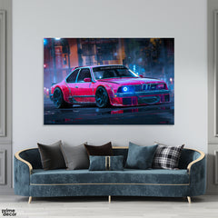 Beautiful Classic Red Racing Car In A Rainy Night (Single Panel) Car Wall Art