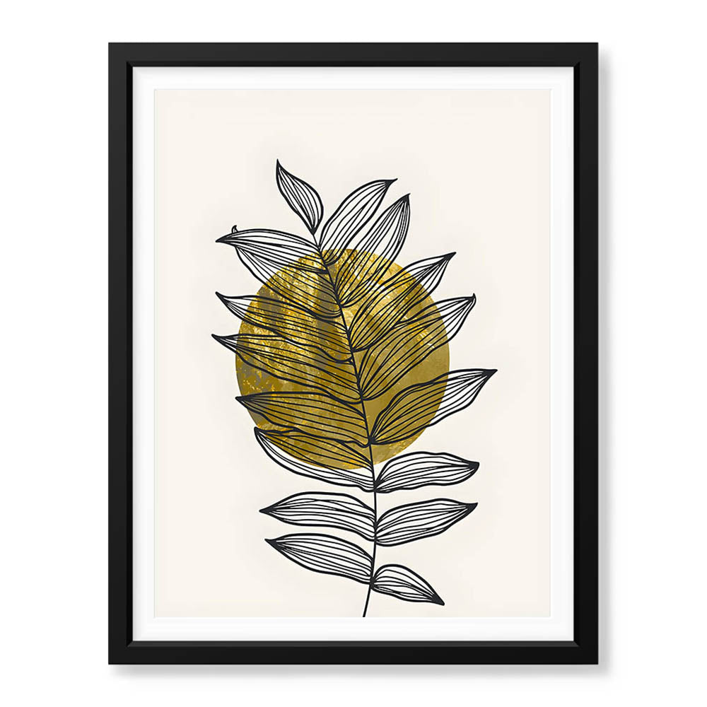 Black Tropical Leaves Over Golden Moon Design | Abstract Floral Artwork #0061 - Prime Décor