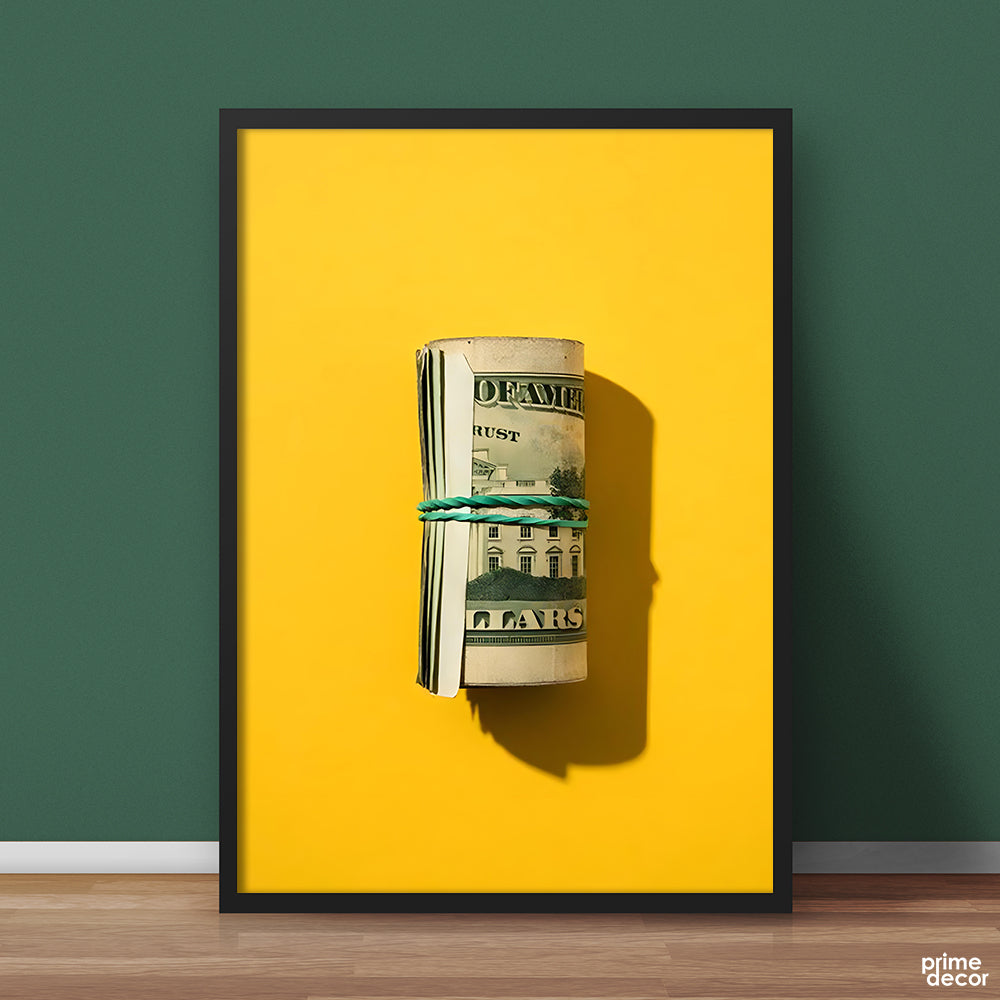 Rolled Up Dollar Bills Stack On Yellow Background | Motivational Wall Art - Prime Décor