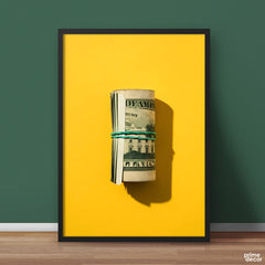 Rolled Up Dollar Bills Stack On Yellow Background | Motivational Wall Art - Prime Décor