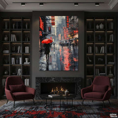 Red Umbrella in Rainy Tokyo (Single Panel) Digital Painting Wall Art