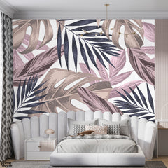 Abstract Colorful Exotic Leaves Artwork Over White Background | Floral Wallpaper Mural