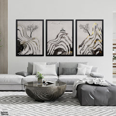 Monochrome Mountain Mist & Gilded Deer (3 Panel) Abstract Wall Art