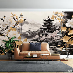 Pastel Grey & Sand Brown Flowers With Chinese Pagoda | Nature Wallpaper Mural - Prime Décor