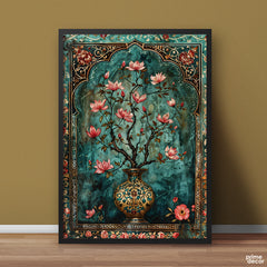 Flowers In Mughal Era Style Vase Artwork | Digital Painting Wall Art - Prime Décor