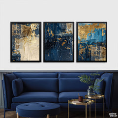 Midnight Azure & Heavily Textured Gold Foil (3 Panel) Abstract Wall Art