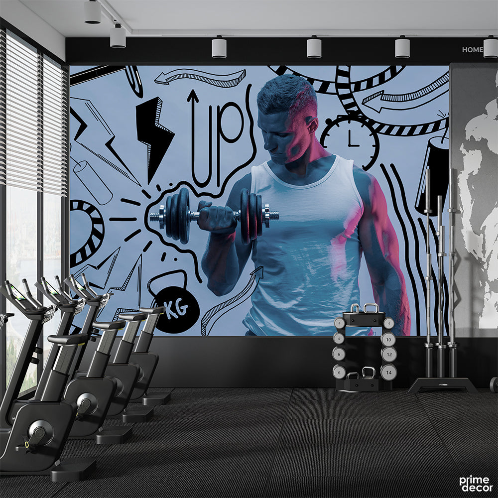 Guy Doing Bicep Curls With Black Doodling Illustrations | Gym Wallpaper Mural - Prime Décor