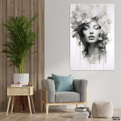 Beautiful Black & White Girl With Flowers (Single Panel) Fashion Wall Art