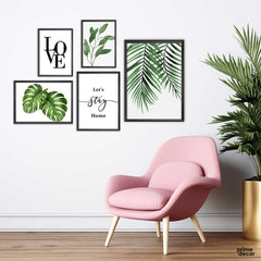 Let's Stay Home Botanical leaves (5 Panel) Motivational Wall Art - Prime Décor