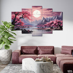 Cherry Blossoms By The Lake In Mountainous Landscape (5 Panel) Nature Wall Art - Prime Décor