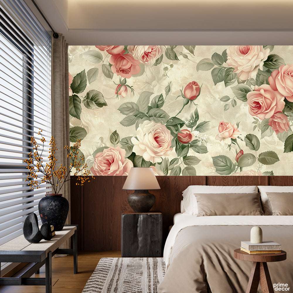 Beautiful White & Pink Flowers Over Beige Background | Floral Wallpaper Mural