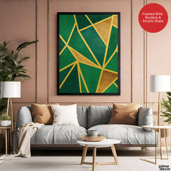 Green & Beige Geometric Shapes Artwork With Golden Lines | Abstract Fashion Artwork #00685