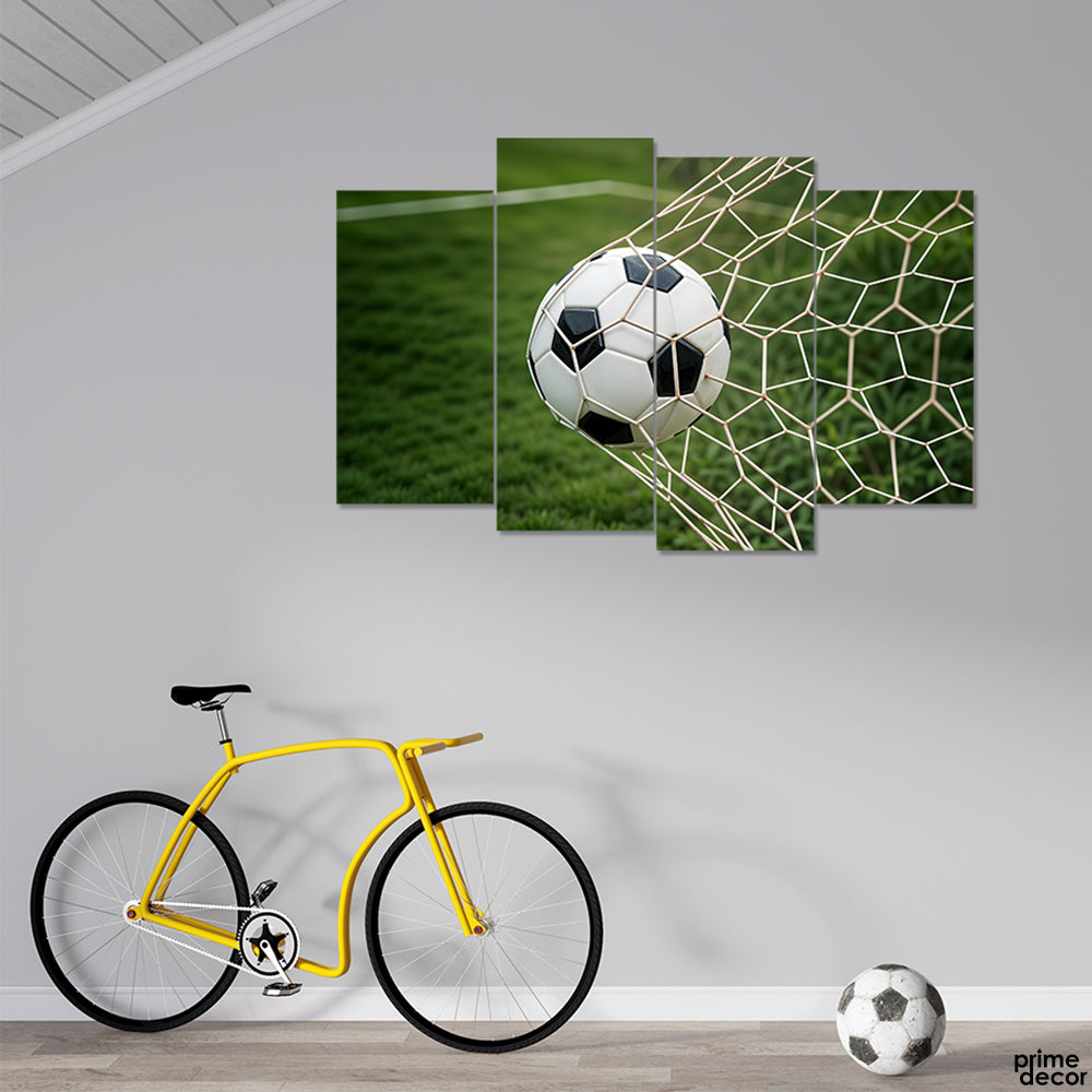 Macro Football Shot In Net (4 Panel) Sports Wall Art - Prime Décor