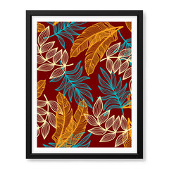 Orange & Blue Exotic Leaves Over Maroon Background | Abstract Floral Artwork #00695