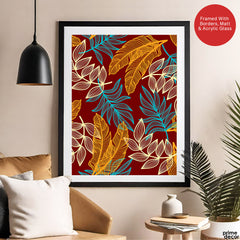 Orange & Blue Exotic Leaves Over Maroon Background | Abstract Floral Artwork #00695