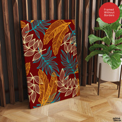Orange & Blue Exotic Leaves Over Maroon Background | Abstract Floral Artwork #00695