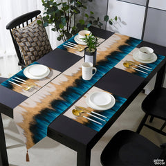 Deep Teal Blue & Pastel Beige Abstract Strokes Style | Table Runner and Placemat Set