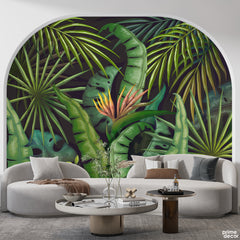 Abstract Green Exotic Leaves Artwork Over Black Background | Floral Wallpaper Mural